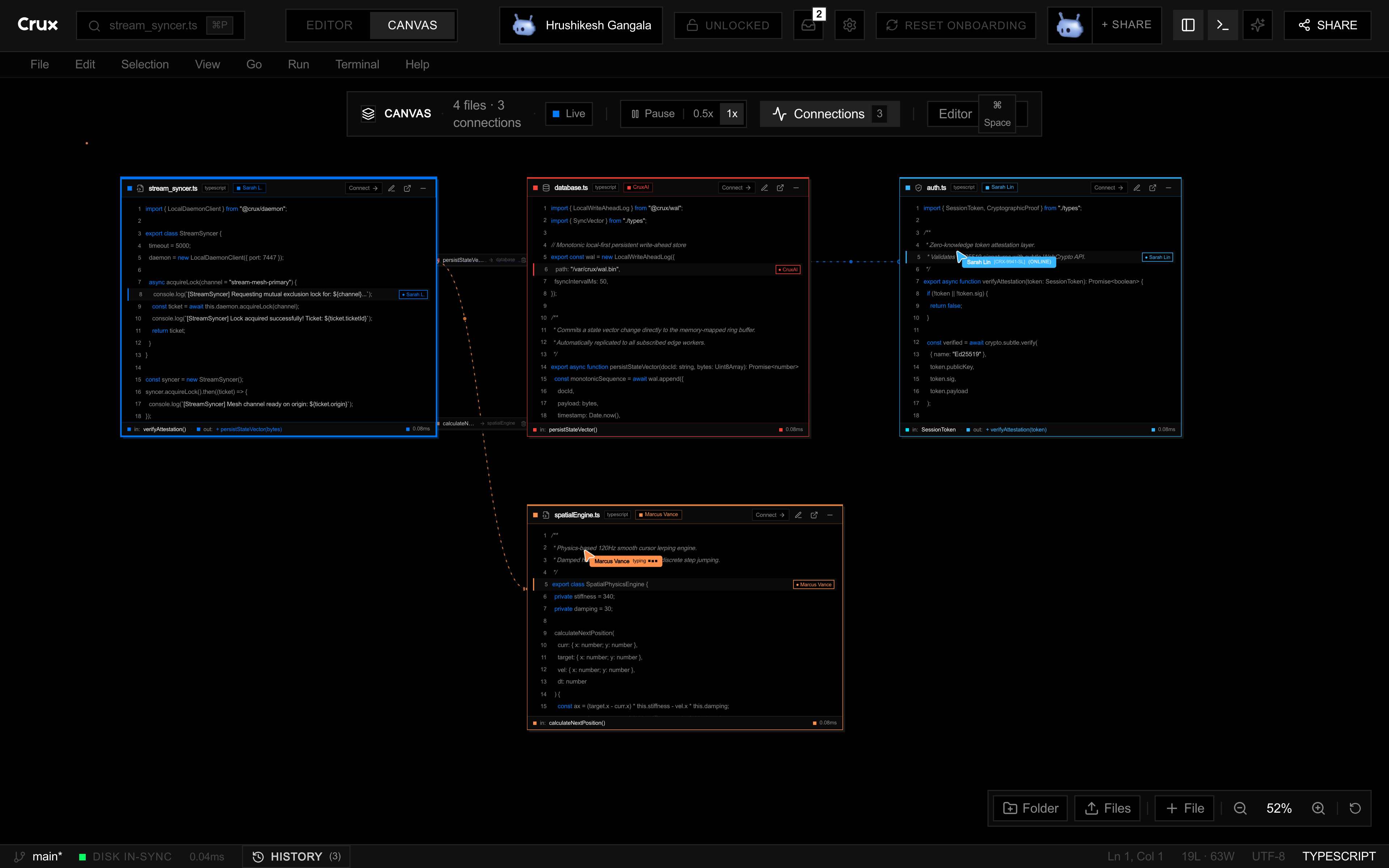 Crux IDE canvas showing several related code files together